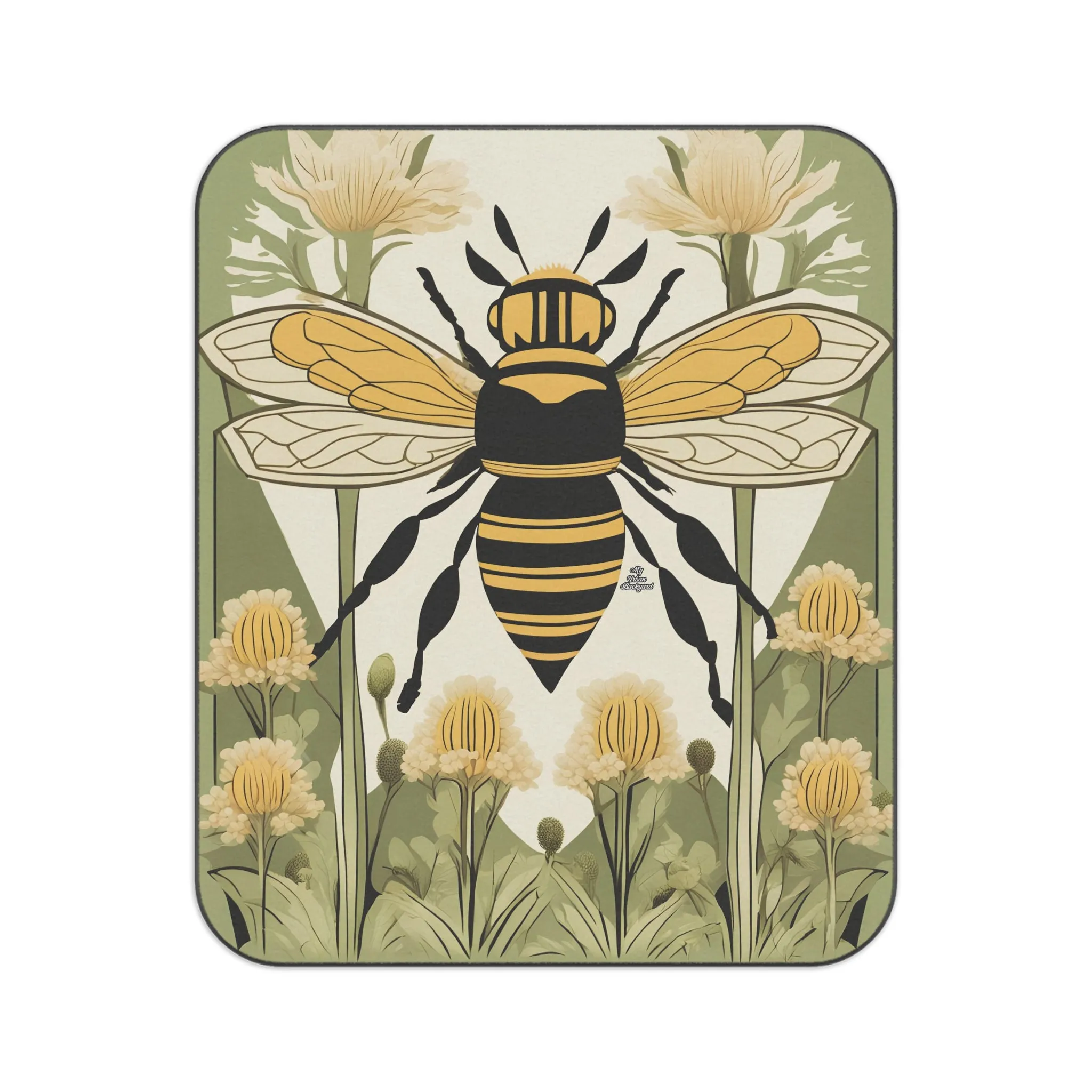 Bee with Flowers, Outdoor Picnic Blanket with Soft Fleece Top, Water-Resistant Bottom, 51" × 61"