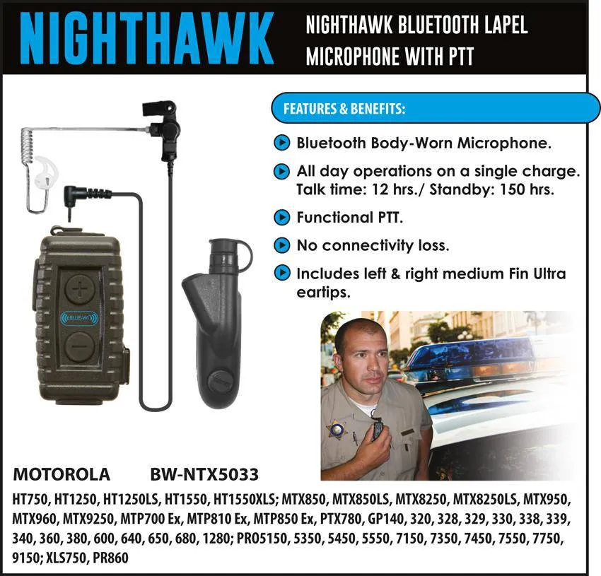 BlueWi BW-NTX5033 Nighthawk Bluetooth Lapel Microphone for Motorola HT