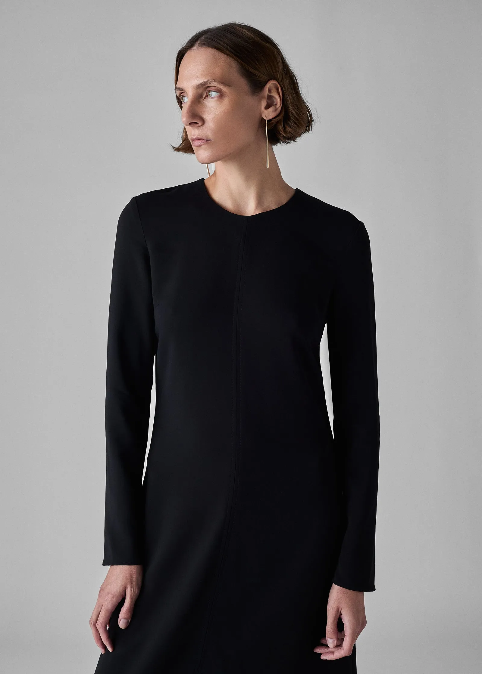 Long Sleeve Column Dress in Viscose Crepe - Black