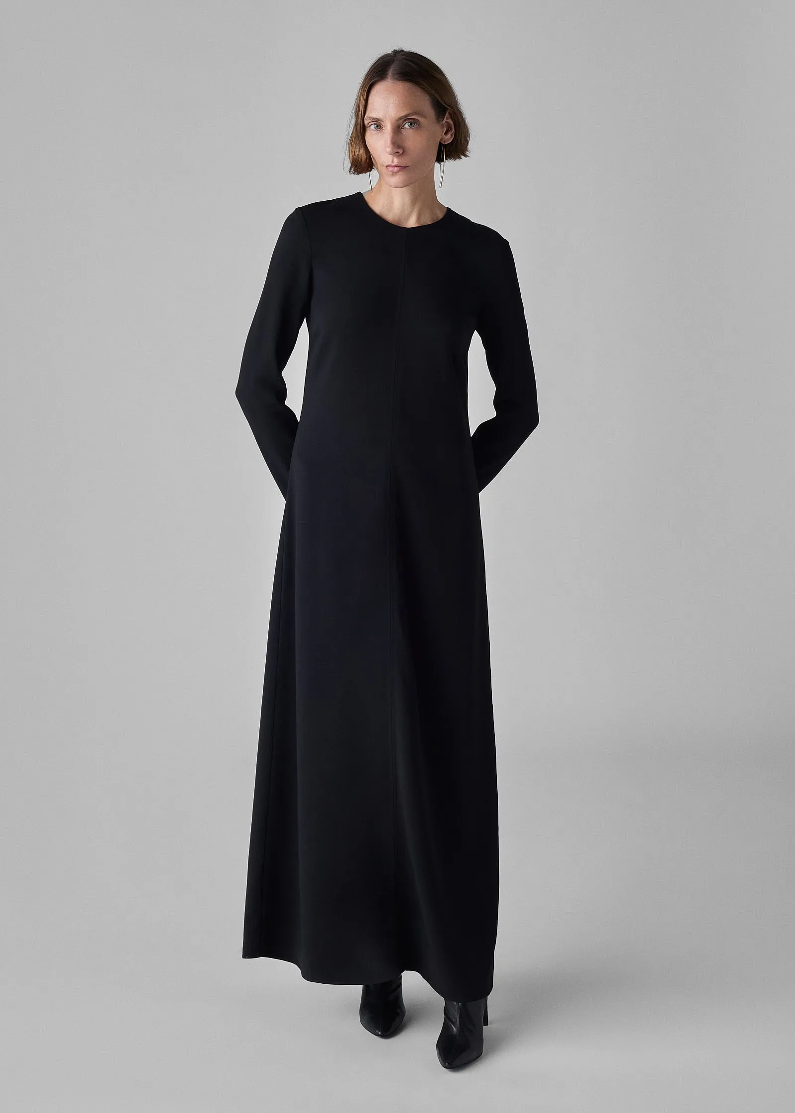 Long Sleeve Column Dress in Viscose Crepe - Black