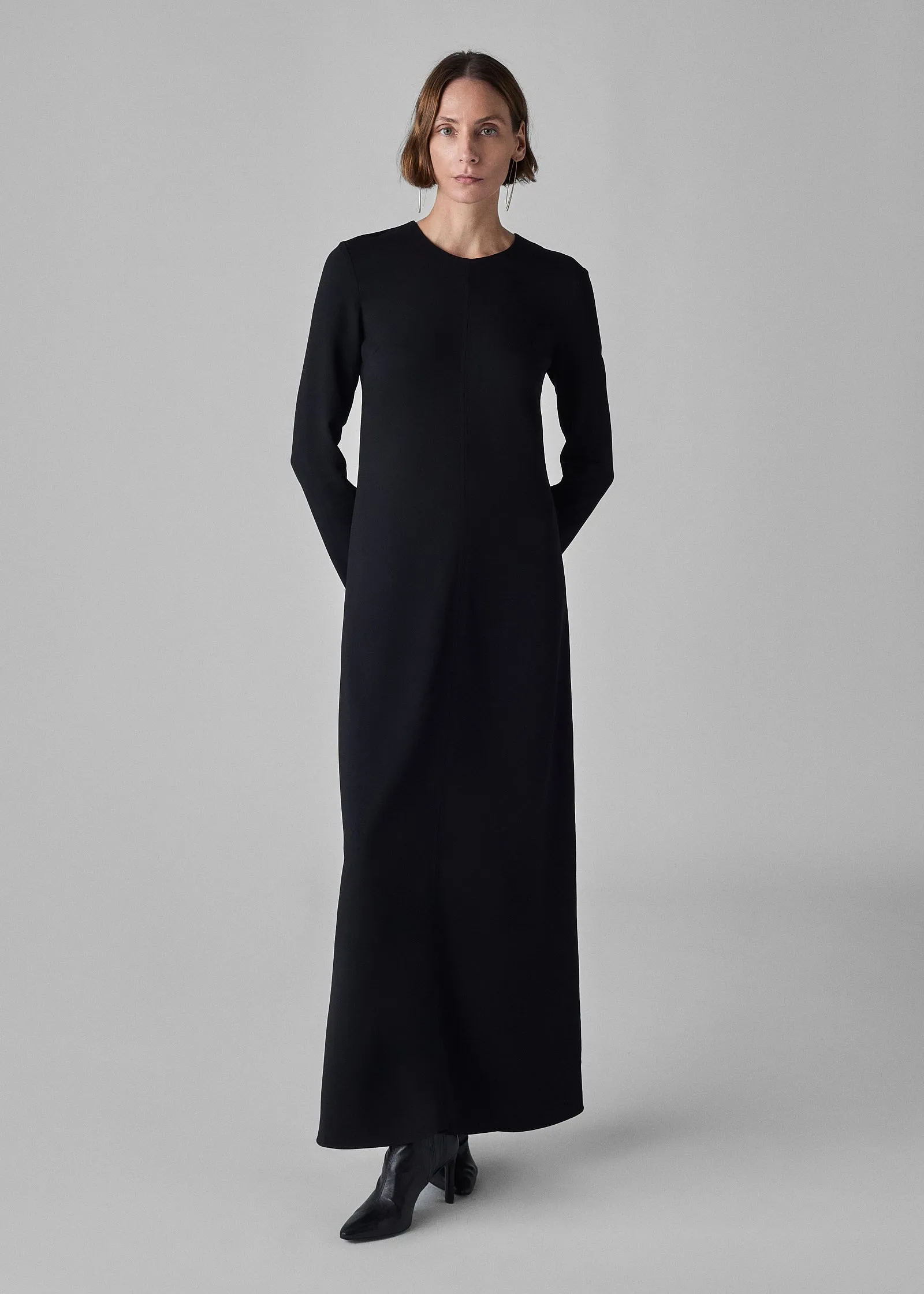 Long Sleeve Column Dress in Viscose Crepe - Black