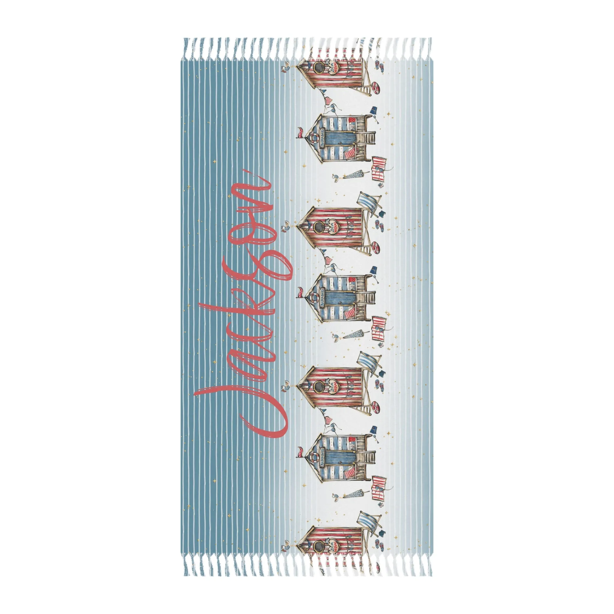 Personalised Boho Beach Towel, Beach Hut Design