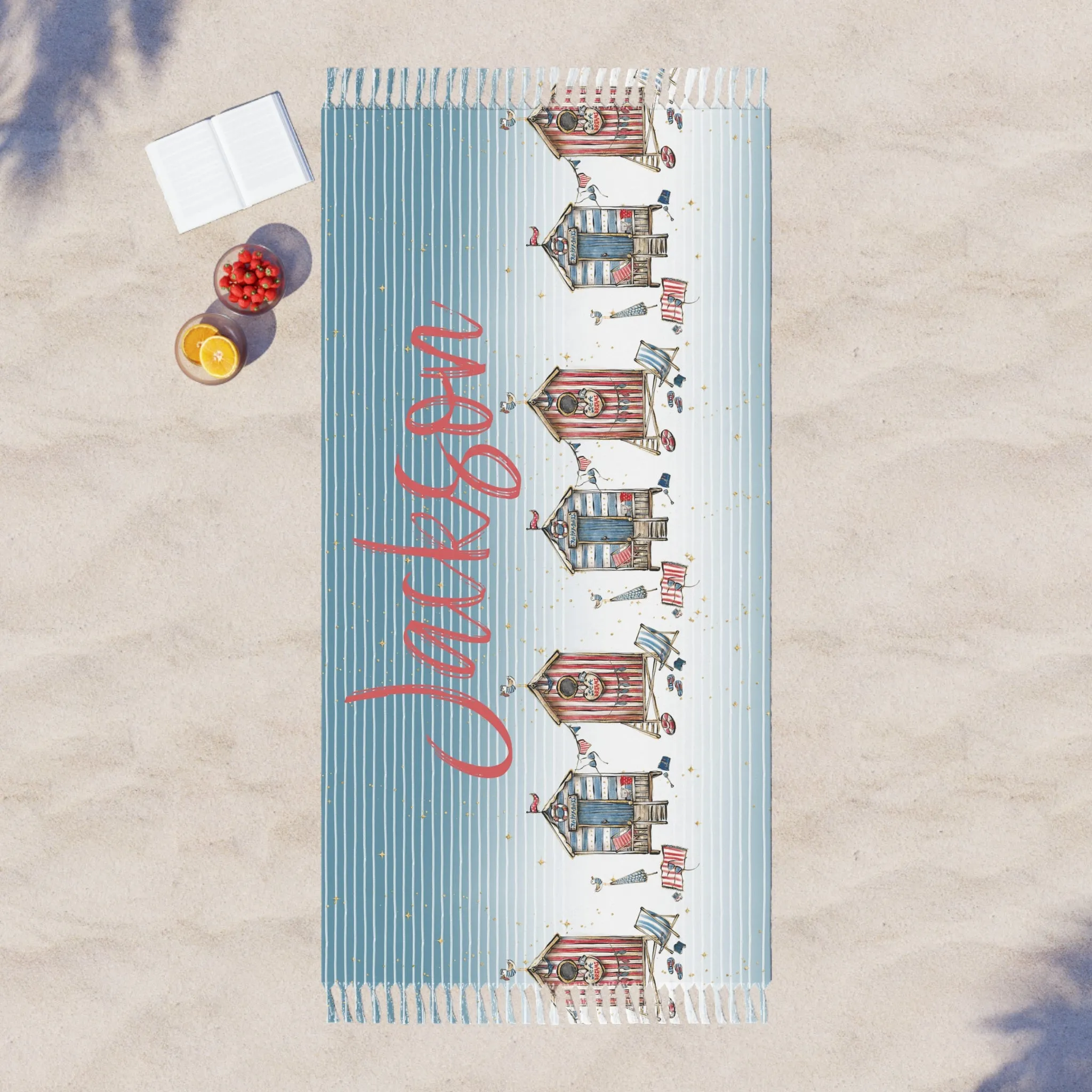 Personalised Boho Beach Towel, Beach Hut Design